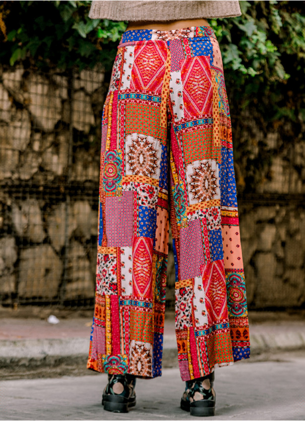 Palazzo Yüksek Bel Bol Kesim Kırmızı Desenli Pantolon 6580